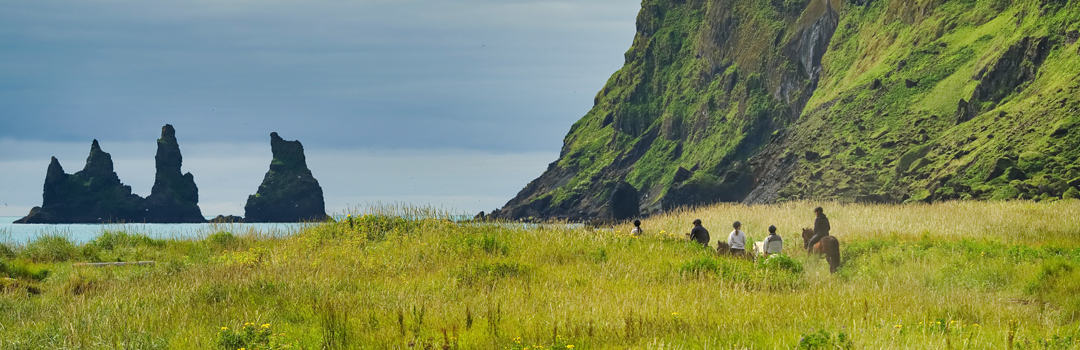 Horse riders near Reynisdrangar sea stacks in Iceland