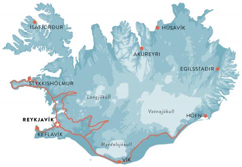 Map - Travel south and west Iceland, 7 nights