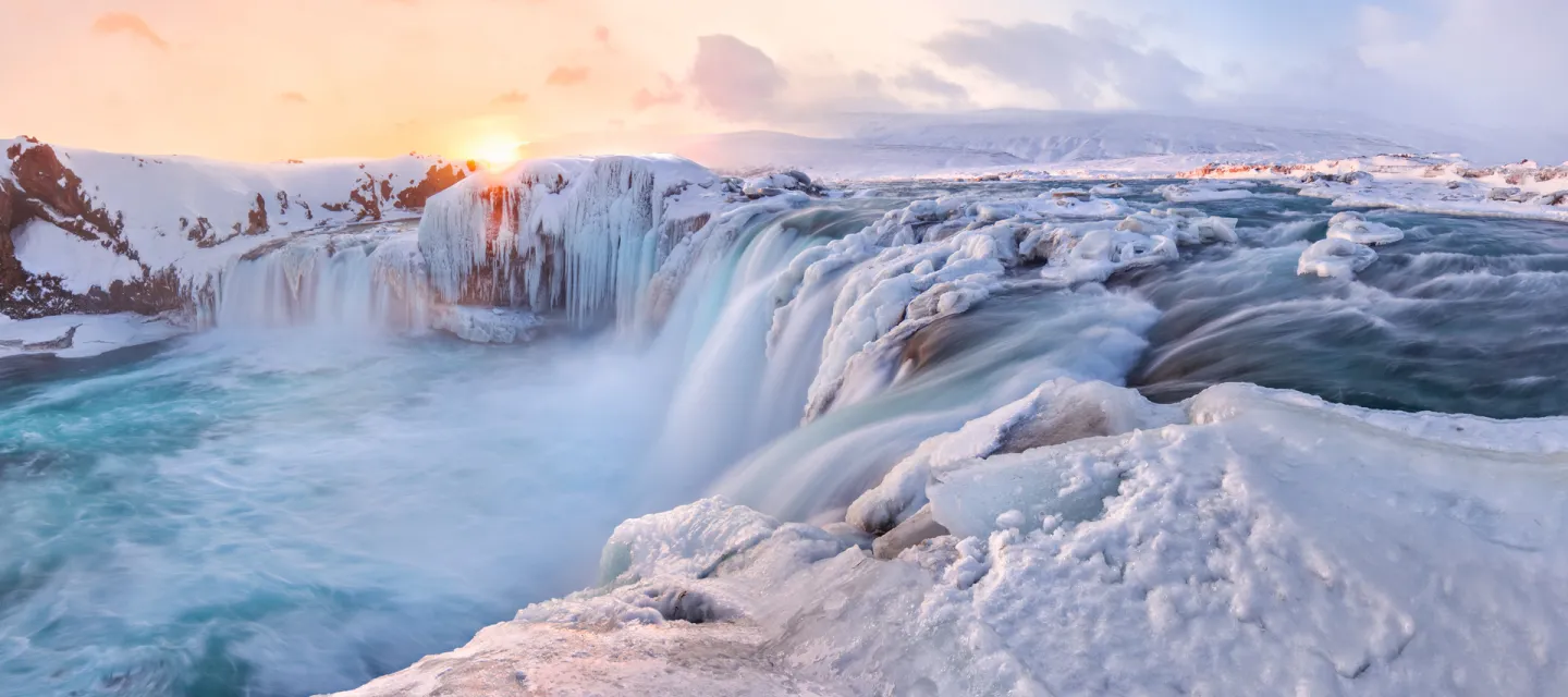 Godafoss in winter, north Iceland.